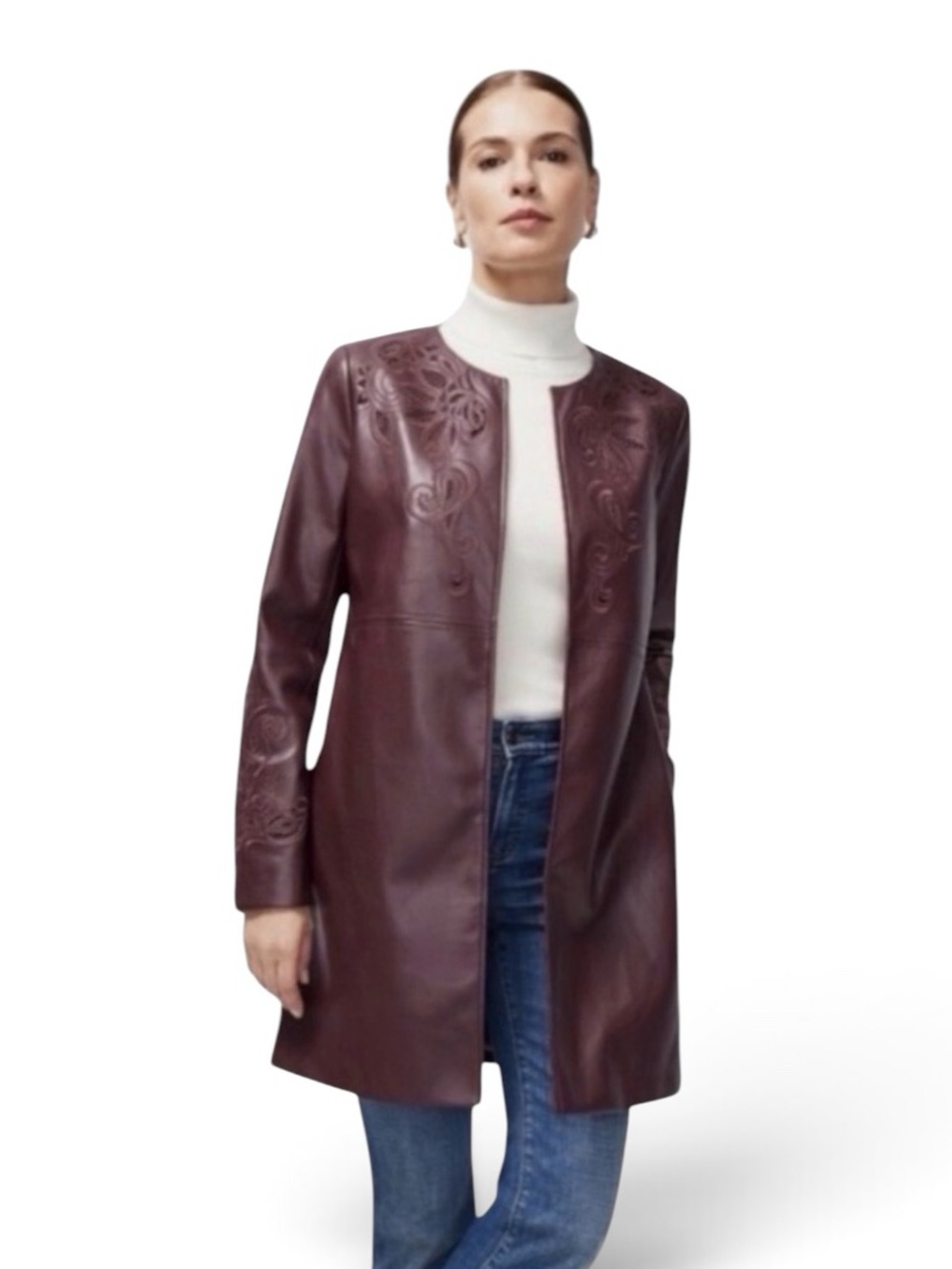 Chico’s Cherry Brown Faux Leather Artisanal Cut Out Topper Jacket, women’s 4